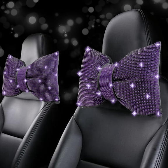 Chasenew 2 PCS Bling Bowknot Car Headrest Pillow, Rhinestone Car Neck Pillows for Driving, Bling Interior Accessories for Women Comfortable Neck Support Pillow(Purple)