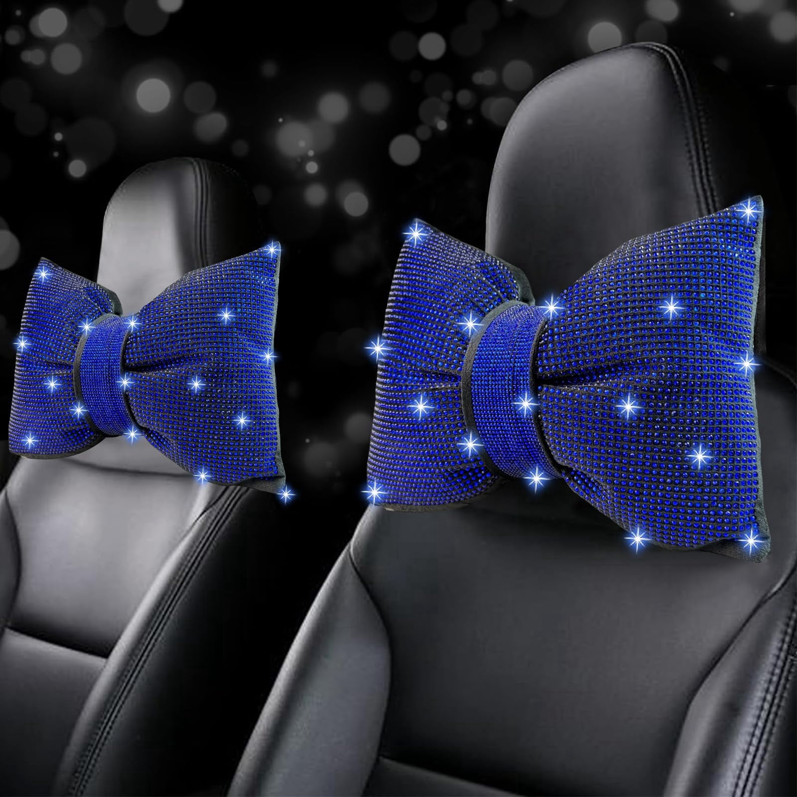 Chasenew 2 PCS Bling Bowknot Car Headrest Pillow, Rhinestone Car Neck Pillows for Driving, Bling Interior Accessories for Women Comfortable Neck Support Pillow(Blue)