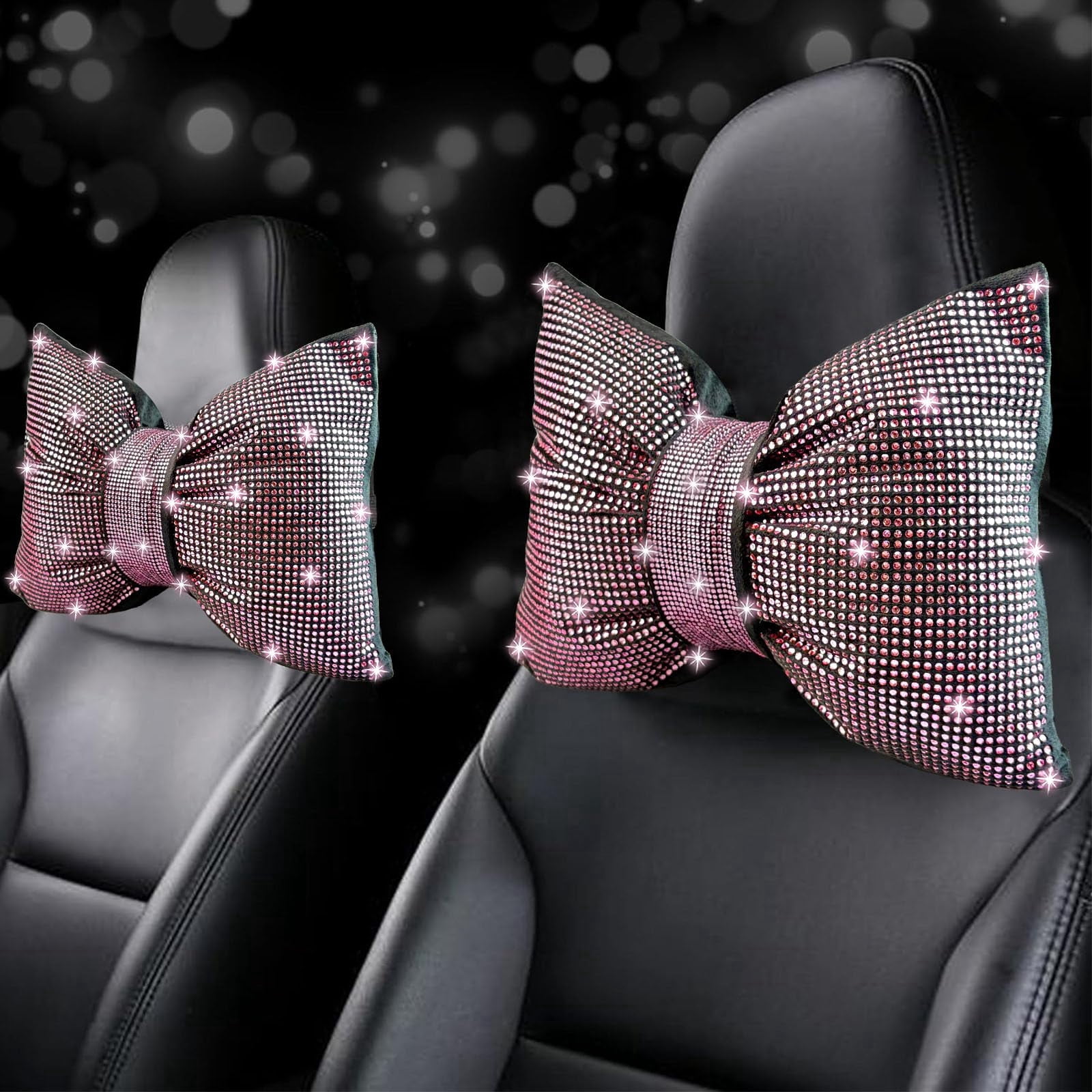 Chasenew 2 PCS Bling Bowknot Car Headrest Pillow, Rhinestone Car Neck Pillows for Driving, Bling Interior Accessories for Women Comfortable Neck Support Pillow(Pink)