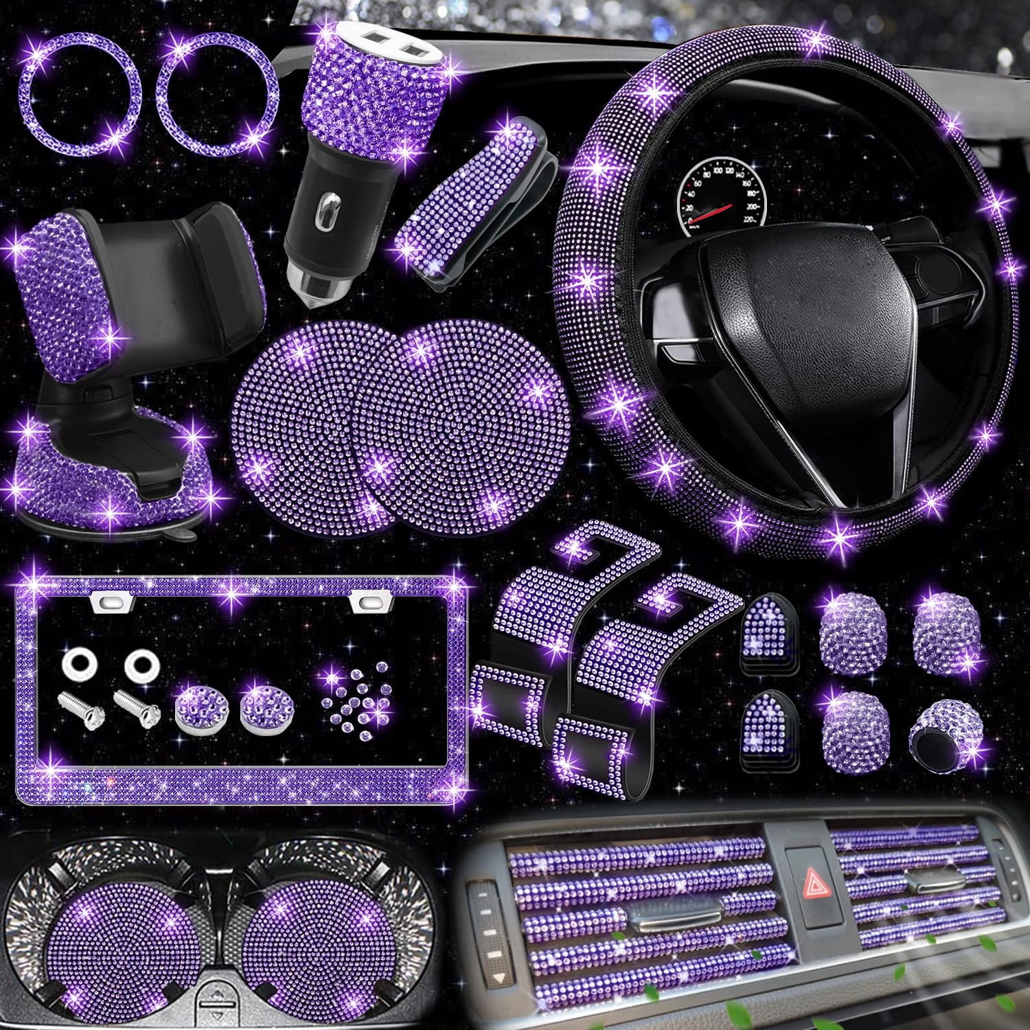 Chasenew 27 PCs Red Bling Car Accessories Set for Women, Steering Wheel Covers Universal Fit 15 Inch, Bling License Plate Frame, Bling Phone Holder, Bling Car Coasters (Red Diamond)
