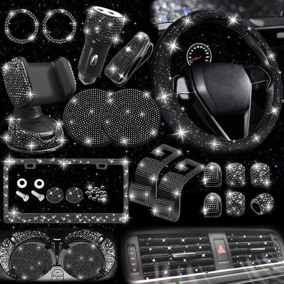 Chasenew 27-Piece Bling Car Accessories Set - Universal Fit Steering Wheel Covers, License Plate Frames, Phone Holder, Car Fast Charger, Coasters (Black Diamond)