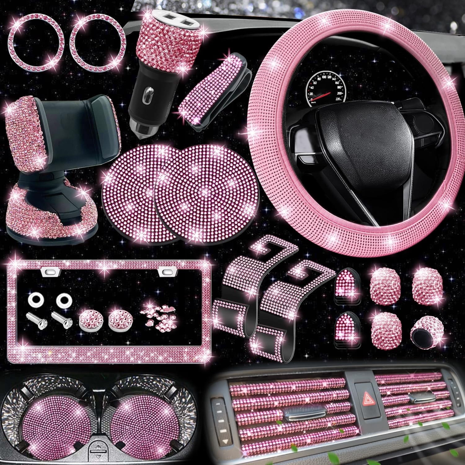 Chasenew 27-Piece Bling Car Accessories Set - Universal Fit Steering Wheel Covers, License Plate Frames, Phone Holder, Car Fast Charger, Coasters (Pink Diamond)