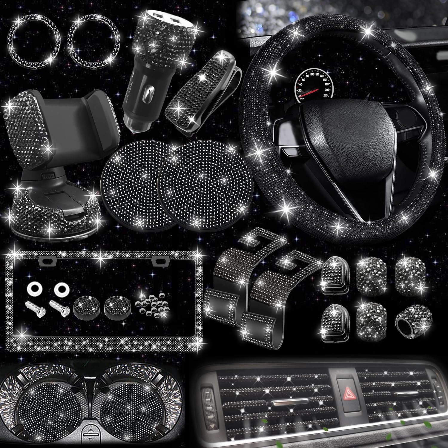 Chasenew 27-Piece Bling Car Accessories Set - Universal Fit Steering Wheel Covers, License Plate Frames, Phone Holder, Car Fast Charger, Coasters (Black Diamond)