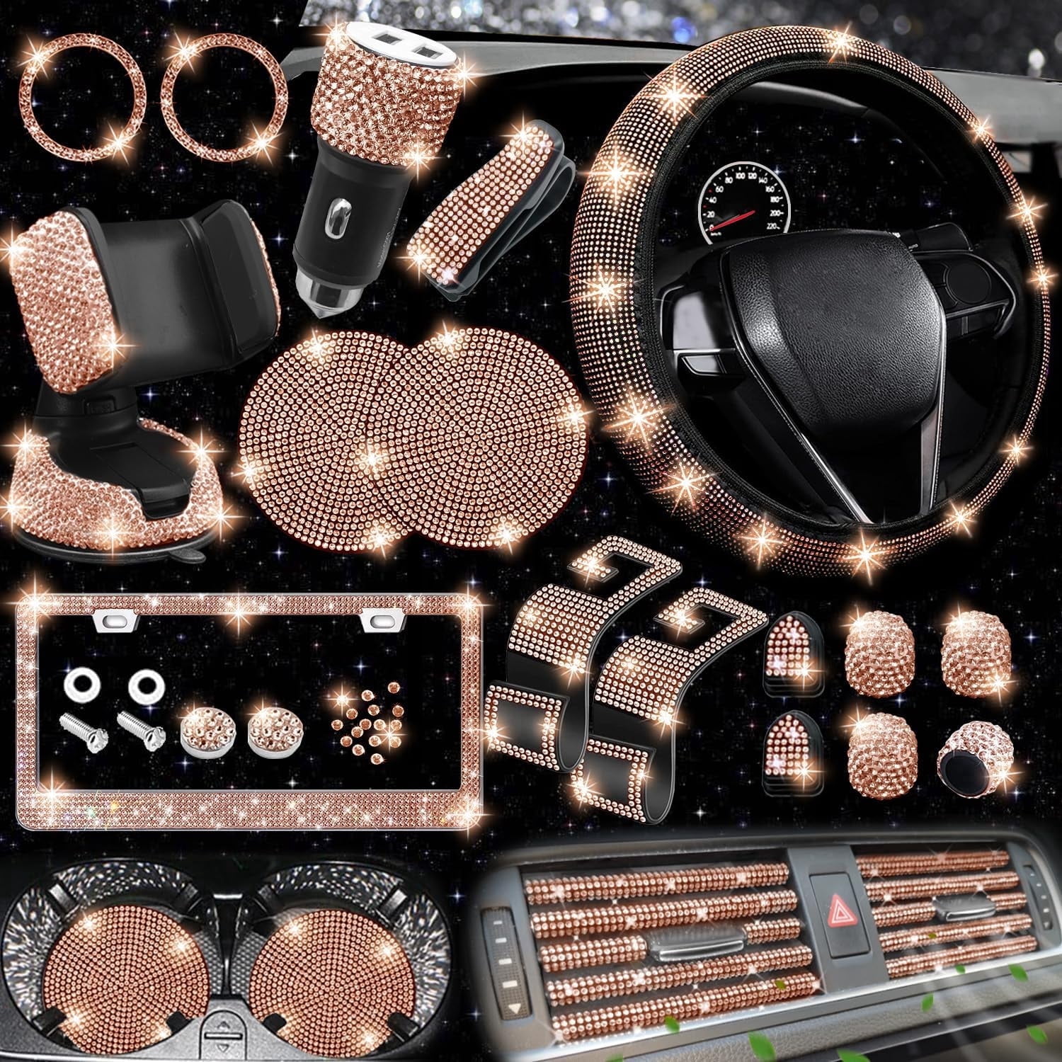 Chasenew 27-Piece Bling Car Accessories Set - Universal Fit Steering Wheel Covers, License Plate Frames, Phone Holder, Car Fast Charger, Coasters (Gold Champagne)
