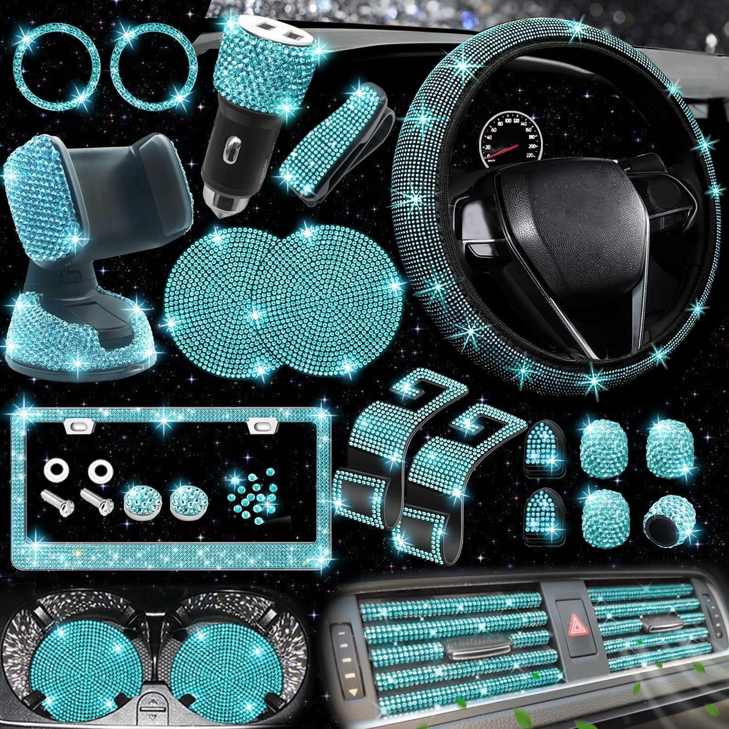 Chasenew 27-Piece Bling Car Accessories Set - Universal Fit Steering Wheel Covers, License Plate Frames, Phone Holder, Car Fast Charger, Coasters (Aquamrine Diamond)