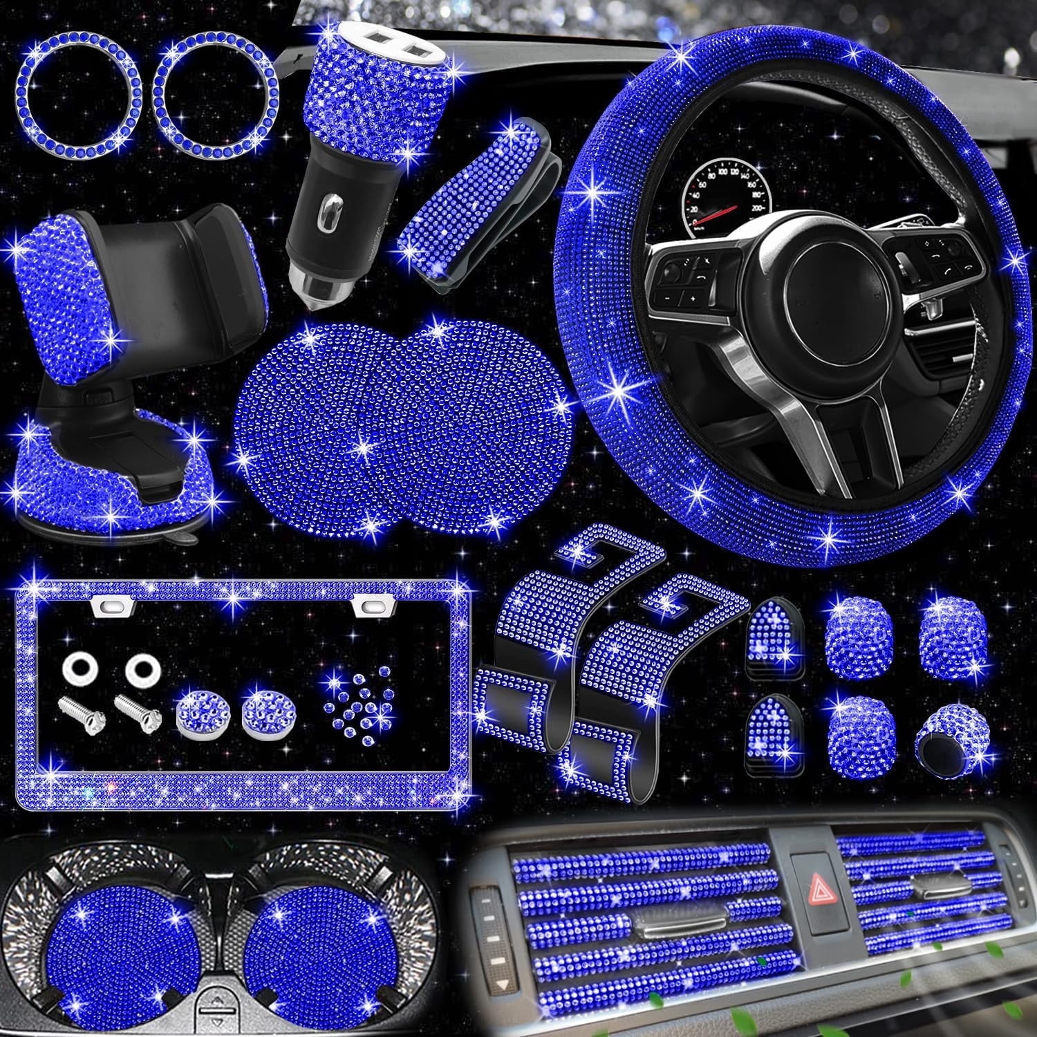 Chasenew 27-Piece Bling Car Accessories Set - Universal Fit Steering Wheel Covers, License Plate Frames, Phone Holder, Car Fast Charger, Coasters (Blue Diamond)