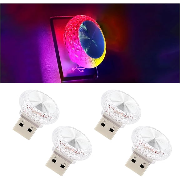 4PCS USB LED Car Interior Atmosphere Lamp, Portable Mini Car LED Night Light Decoration, Plug-in USB Automotive Ambient Lighting Kit, Universal for Cars SUVs Trucks RVs Multicolor