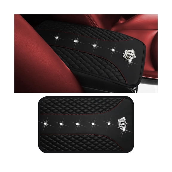 Chasenew Bling Car Center Console Cover, Crystal Rhinestone Crown Auto Armrest Box Protector Cushion Pad, Comfortable Diamond Vehicle Arm Rest Seat Mat Decor Accessories, Universal Fit (Black)