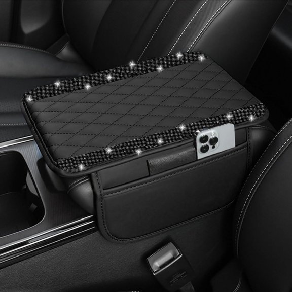Chasenew Bling Car Center Console Cover, Leather Car Arm Rest Cover Cushion with 2 Storage Bags, Universal Auto Armrest Protector Storage Box, Bling Accessories Interior for Most Vehicles (Silver)