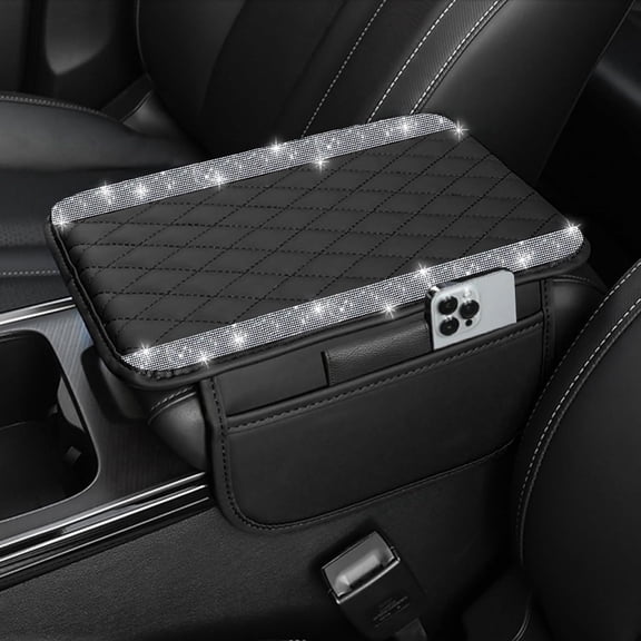 Chasenew Bling Car Center Console Cover, Leather Car Arm Rest Cover Cushion with 2 Storage Bags, Universal Auto Armrest Protector Storage Box, Bling Accessories Interior for Most Vehicles (Silver)
