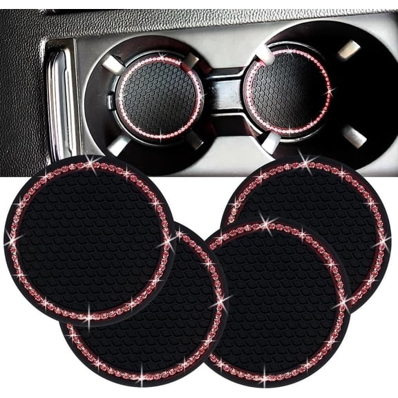 Chasenew Bling Car Cup Coaster, 2.75 Inch Anti Slip Shockproof Embedded Drink Mat, Dustproof Automotive Interior Accessories Mat, Universal for Vehicles, Trucks, RVs and More (Pink Crystal 4 PCS)
