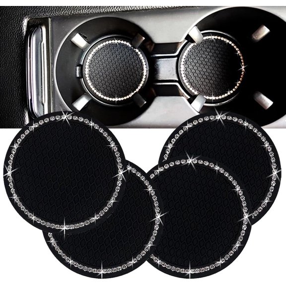 Chasenew Bling Car Cup Coaster, 2.75 Inch Anti Slip Shockproof Embedded Drink Mat, Dustproof Automotive Interior Accessories Mat, Universal for Vehicles, Trucks, RVs and More (Black 4 PCS)