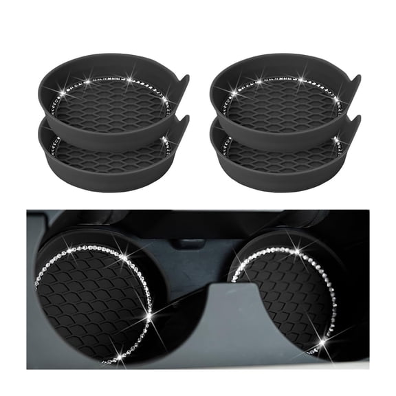Chasenew Bling Car Cup Coaster, 4 Pack Universal Vehicle Anti-Slip Cup Holder Insert Coasters, Crystal Rhinestone Silicone Shockproof Drink Mat, Car Interior Accessories （Black）