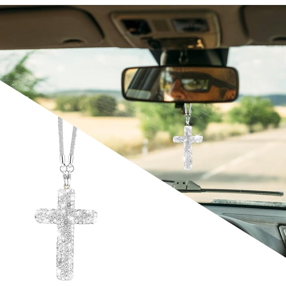 Chasenew Bling Car Rear View Mirror Accessories Hanging Pendant,Cross Crystal Rhinestone For Car Mirror Hanging,Double-Sided Cross Diamond Religious,Interior Men Women Car Accessories (Silver)