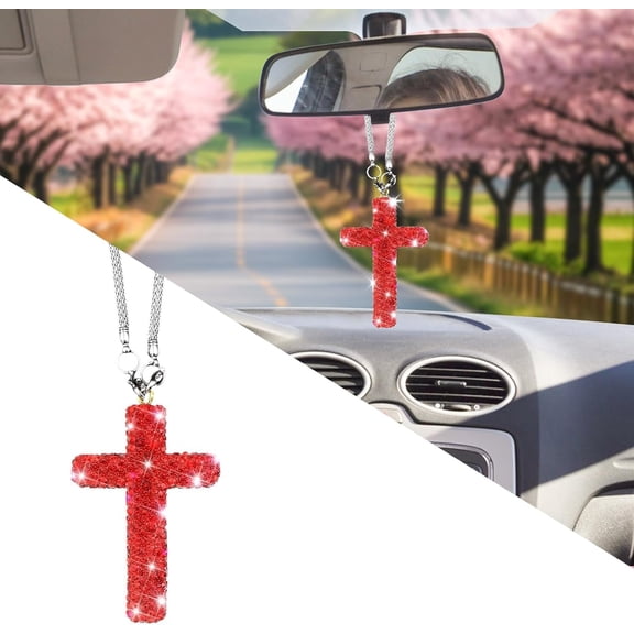 Chasenew Bling Car Rear View Mirror Accessories Hanging Pendant,Cross Crystal Rhinestone For Car Mirror Hanging,Double-Sided Cross Diamond Religious,Interior Men Women Car Accessories (Red)