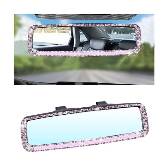 Chasenew Bling Car Rearview Mirror, Decorations Rear View Mirror with Crystal Rhinestones & Diamonds, Car Interior Trim Accessories, Clip-on & HD Glass, Sparkly Gift for Women (Pink)