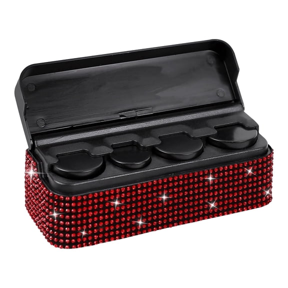 Bling Coin Holder for Car, Crystal Rhinestone Change Storage Box with 4 Compartment, Portable Mini Storage Coin Money Dispenser, Universal Vehicle Change Organizer, Car Accessories (Red)