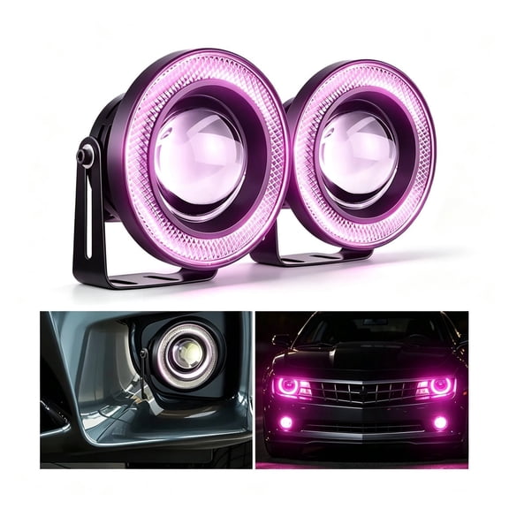 Chasenew Car Angel Eye Halo Fog Light, 2PCS 2.5 Inch Round COB LED Universal Daytime Running Light DRL Projector(Pink)