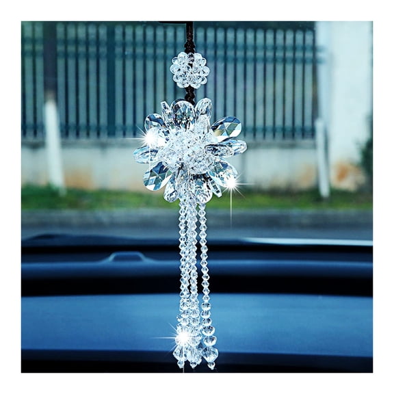 Chasenew Car Rear View Mirror Pendant, Bling Lucky Crystal Flower Hanging Ornament, Handmade Auto Interior Decor with Adjustable Lanyard