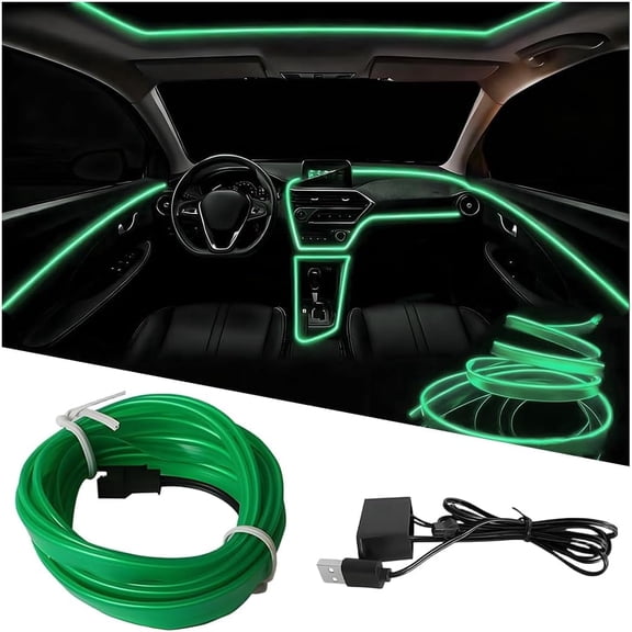 Chasenew EL Wire Car LED Strip Lights, 10FT 5V USB Vehicle Ambient Lighting Kit with Fuse Protection, Automotive Interior Neon Decoration Lamp with 5mm Sewing Edge, Universal Fit (Green)