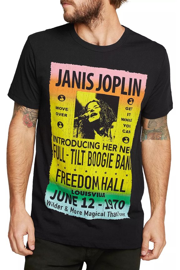 Mens Janis Joplin Freedom Hall Graphic Band T-Shirt Small True Black