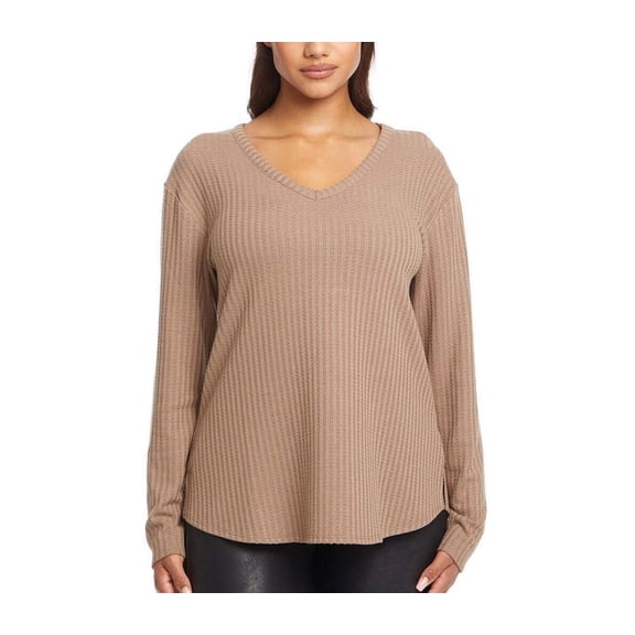 Chaser Women's V Neck Waffle Weave Pullover Top (Brown, XL)