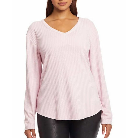 Chaser Women's V Neck Waffle Weave Pullover Top (Pink, XXL)