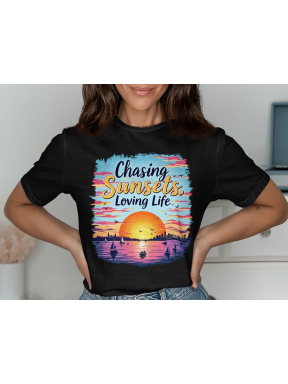 Chasing Sunsets Loving Life TShirt Sunset Lover Graphic Tee Sailboats Evening Sky Shirt Gift for Adventure Seekers Boho Beach Vibes