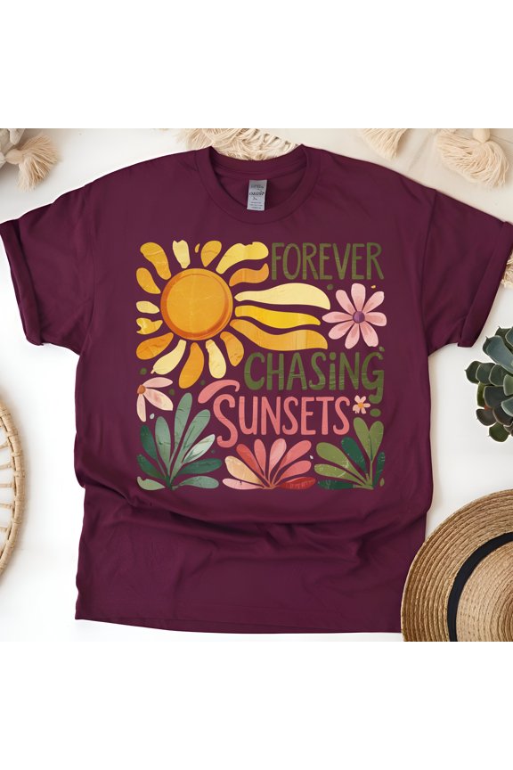 Chasing Sunsets Shirt for Women, Retro Summer Botanical Sunshine Graphic Tee, Maroon, Size XL