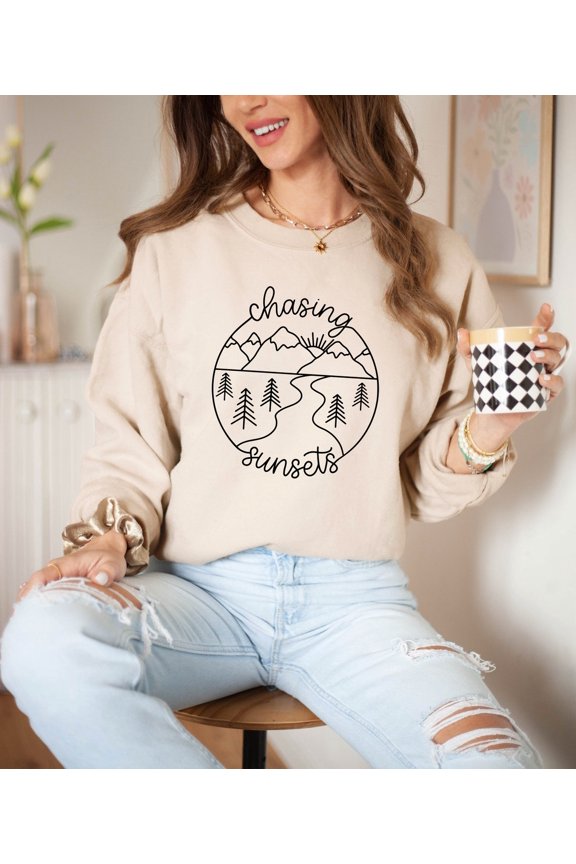 Chasing Sunsets Sweatshirt: Adventure Awaits Graphic Crewneck