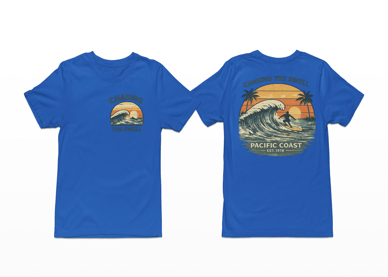 Chasing the Swell Surf T-Shirt – Pacific Coast Wave Graphic Tee, Vintage Beach Surf Shirt, Front & Back Print Unisex Crewneck
