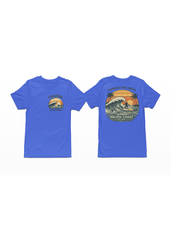 Chasing the Swell Surf T-Shirt – Pacific Coast Wave Graphic Tee, Vintage Beach Surf Shirt, Front & Back Print Unisex Crewneck