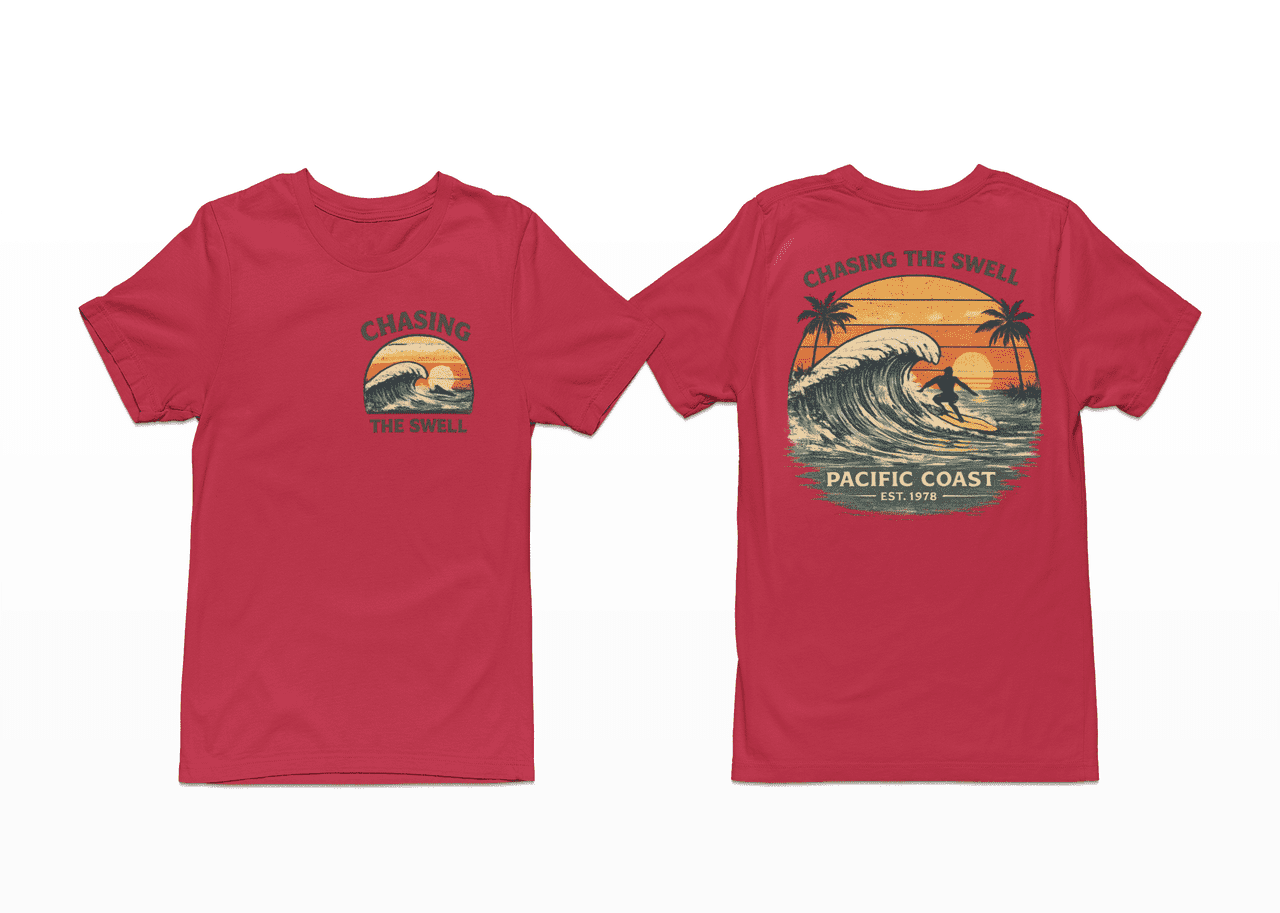 Chasing the Swell Surf T-Shirt – Pacific Coast Wave Graphic Tee, Vintage Beach Surf Shirt, Front & Back Print Unisex Crewneck