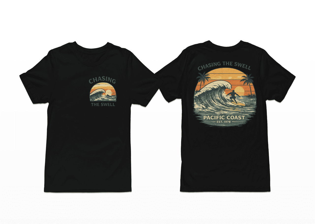 Chasing the Swell Surf T-Shirt – Pacific Coast Wave Graphic Tee, Vintage Beach Surf Shirt, Front & Back Print Unisex Crewneck