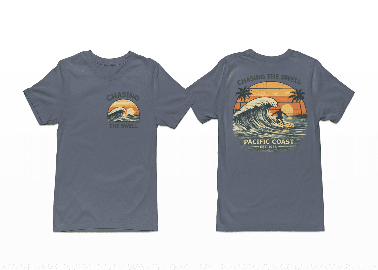 Chasing the Swell Surf T-Shirt – Pacific Coast Wave Graphic Tee, Vintage Beach Surf Shirt, Front & Back Print Unisex Crewneck
