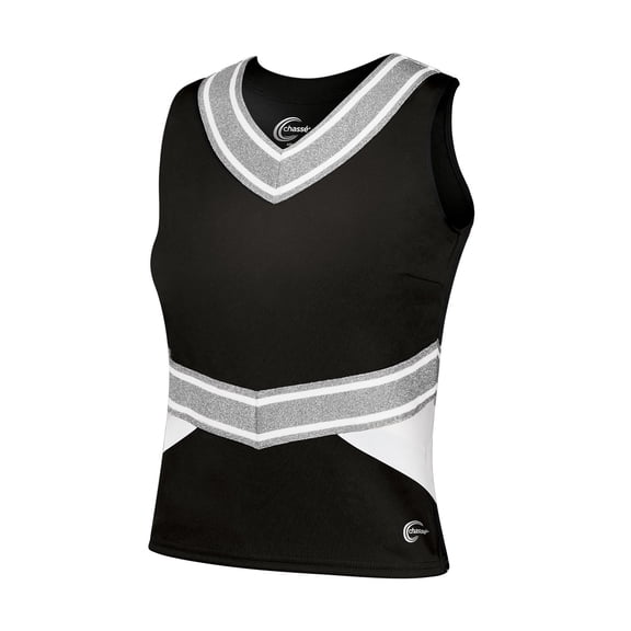 Chassé Cheerleading Uniform Top for Girls - Blaze Boost, Fitted V-Neck Shell Top (Black/White/Metallic Silver, AM)