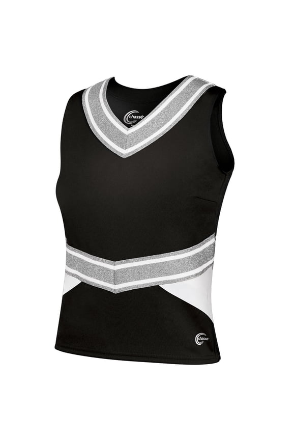 Chassé Cheerleading Uniform Top for Girls - Blaze Boost, Fitted V-Neck Shell Top (Black/White/Metallic Silver, AXS)