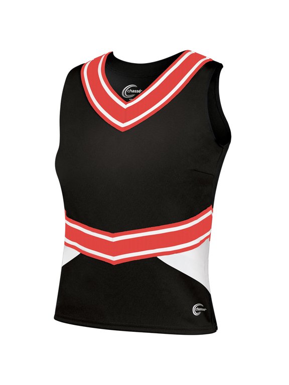 Chassé Cheerleading Uniform Top for Women - Blaze Boost, Fitted V-Neck Shell Top (Black/White/Orange, AM)