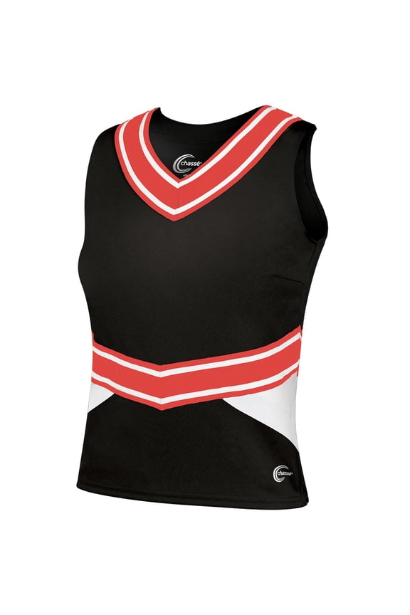 Chassé Cheerleading Uniform Top for Girls - Blaze Boost, Fitted V-Neck Shell Top (Black/White/Orange, YS)