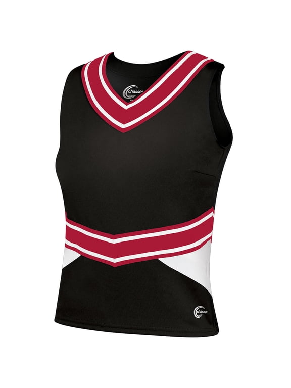 Chassé Cheerleading Uniform Top for Women - Blaze Boost, Fitted V-Neck Shell Top (Black/White/Red, AXS)