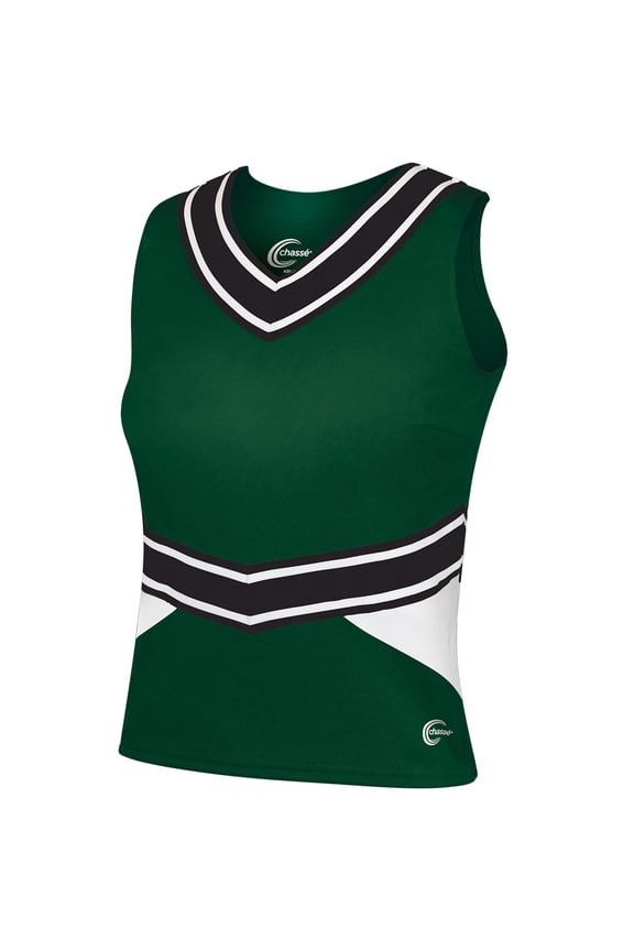 Chassé Cheerleading Uniform Top for Girls - Blaze Boost, Fitted V-Neck Shell Top (Dark Green/White/Black, YL)