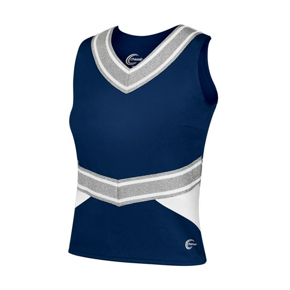 Chassé Cheerleading Uniform Top for Girls - Blaze Boost, Fitted V-Neck Shell Top (Navy/White/Metallic Silver, AS)