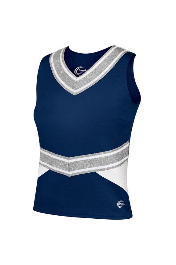 Chassé Cheerleading Uniform Top for Girls - Blaze Boost, Fitted V-Neck Shell Top (Navy/White/Metallic Silver, YL)