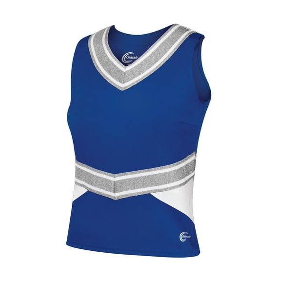 Chassé Cheerleading Uniform Top for Girls - Blaze Boost, Fitted V-Neck Shell Top (Royal/White/Metallic Silver, YXS)