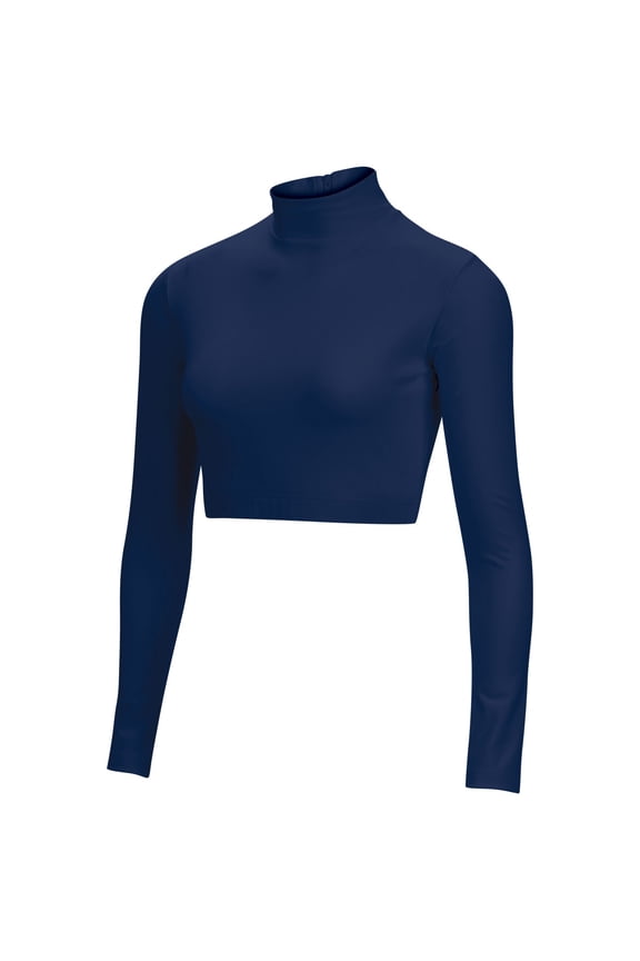 Chassé Girls Long Sleeve Cropped Bodysuit, Mock Neck Cheerleading Shirt Adult Sizes (Navy, L)