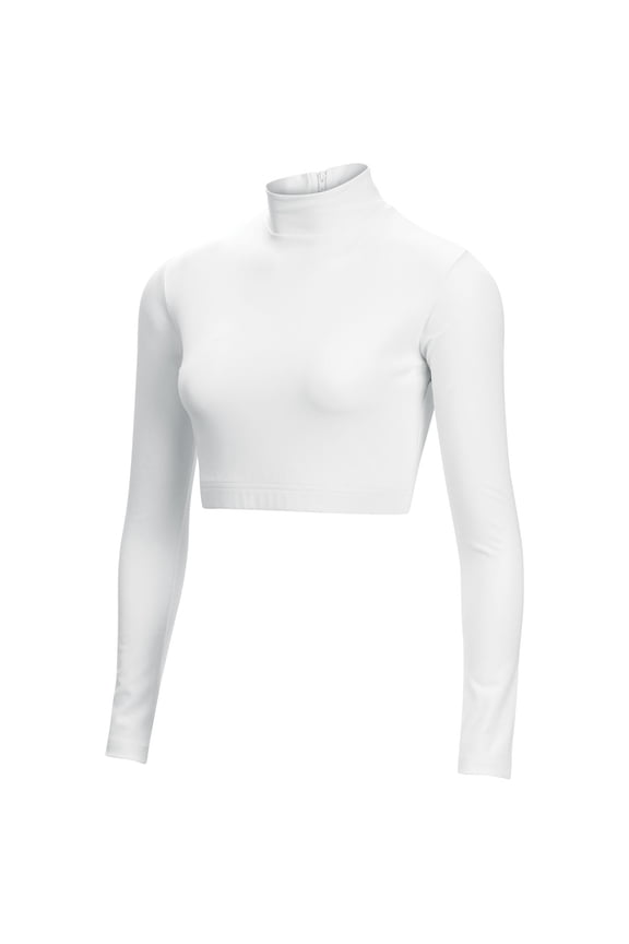 Chassé Girls Long Sleeve Cropped Bodysuit, Mock Neck Cheerleading Shirt Adult Sizes (White, L)