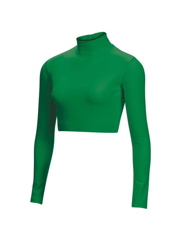 Chassé Girls' Long Sleeve Cropped Bodysuit, Mock Neck Cheerleading Shirt - Youth Sizes (Kelly Green, YL)