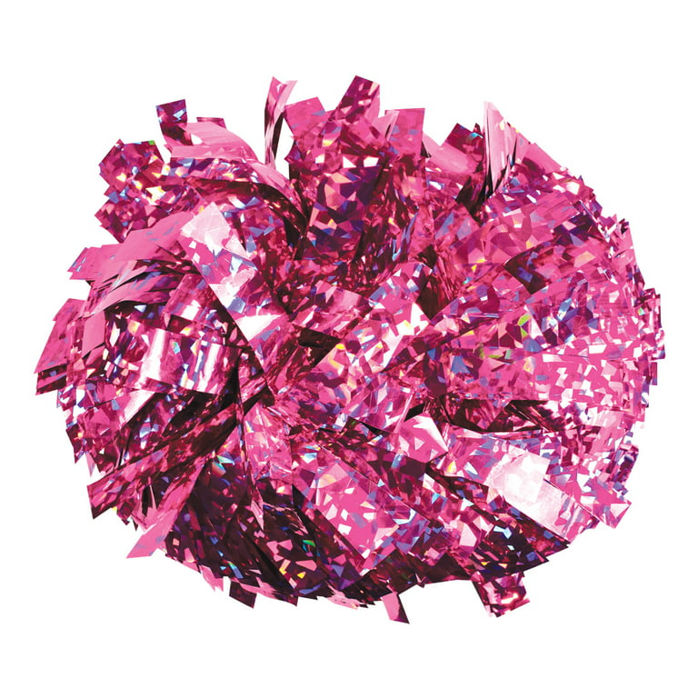 Chasse Holographic Cheerleading Pom Poms - Shiny Metallic Foil Cheer Pom  with Baton Handle for Dance Sports Celebrations (Single, Crystal Pink)