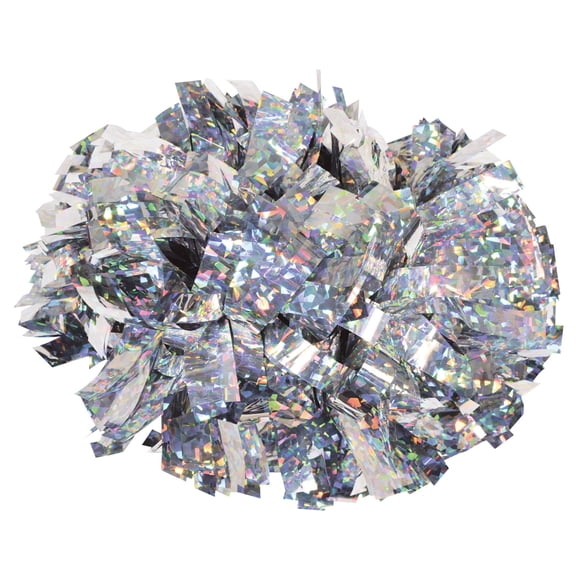 Chasse Holographic Cheerleading Pom Poms - Shiny Metallic Foil Cheer Pom with Baton Handle for Dance Sports Celebrations (Single, Crystal Silver)