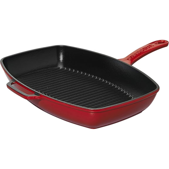 Chasseur 12-inch Red Rectangular French Enameled Cast Iron Grill Pan
